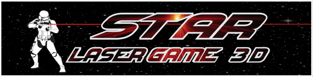 Star Laser Game 3D : L'aventure spatiale immersive Stormtrooper tirant un laser rouge devant le logo STAR LASER GAME 3D sur fond spatial étoilé.
